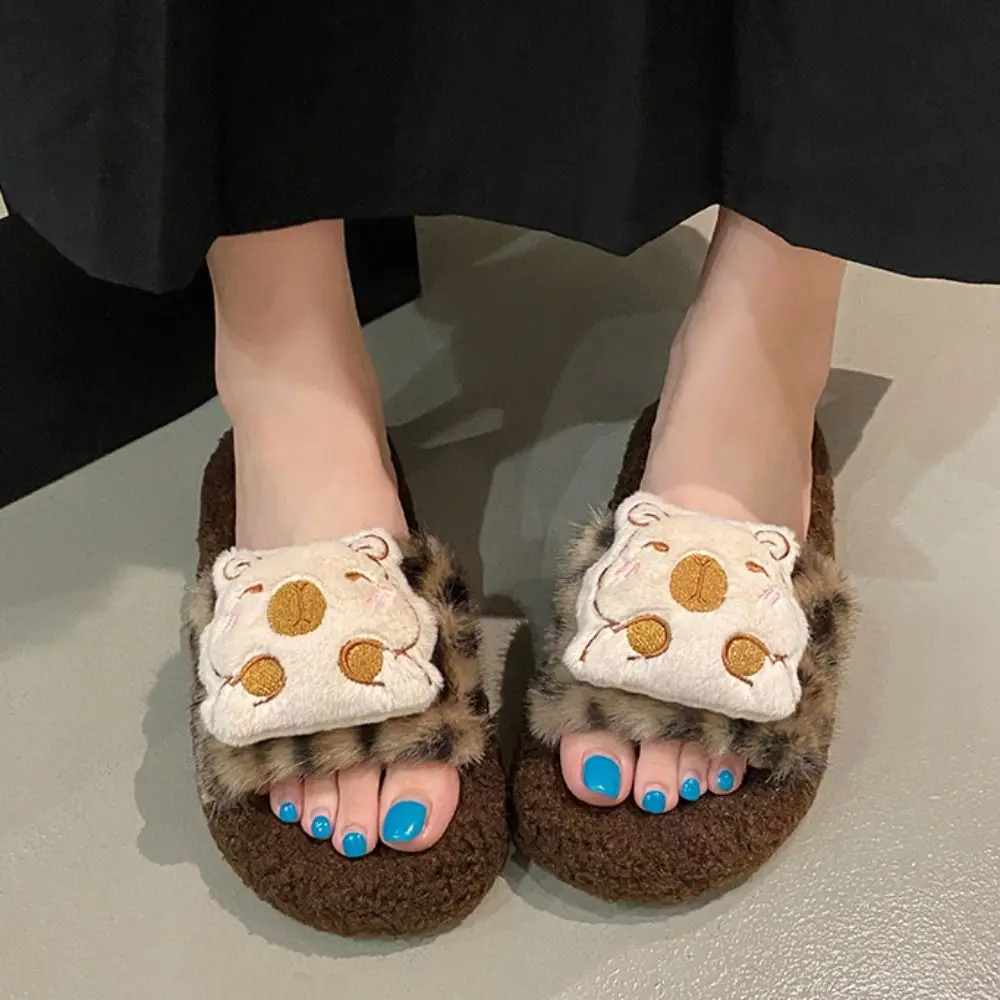 

Casual Fluffy Capybara Plush Slippers Home Wear Thicken Warm Capybara Dolls Slippers Cartoon Cute Plush Leopard Slippes Gifts