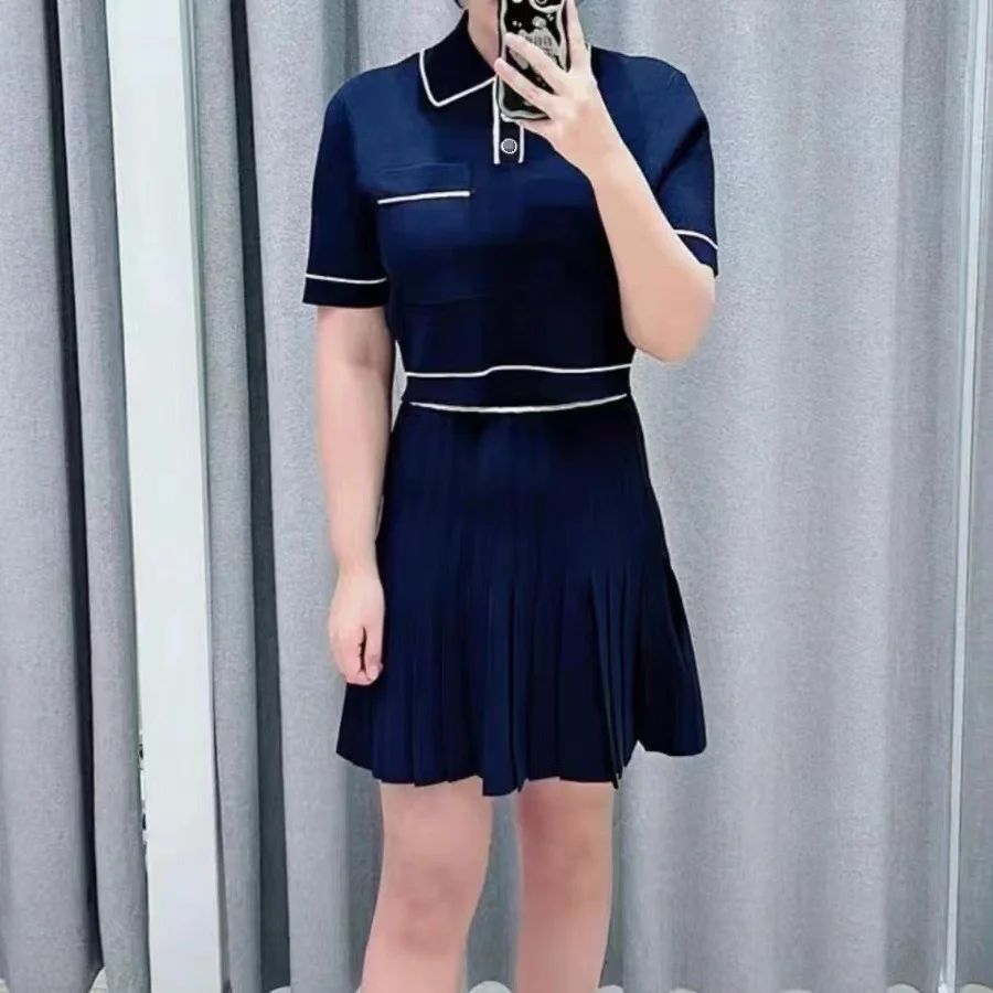 Women's Sets Contrasting Turn Down Collar Short Sleeve Tops or High Waisted Pleated Skirt 2024 Summer New Ladies Casual Suit