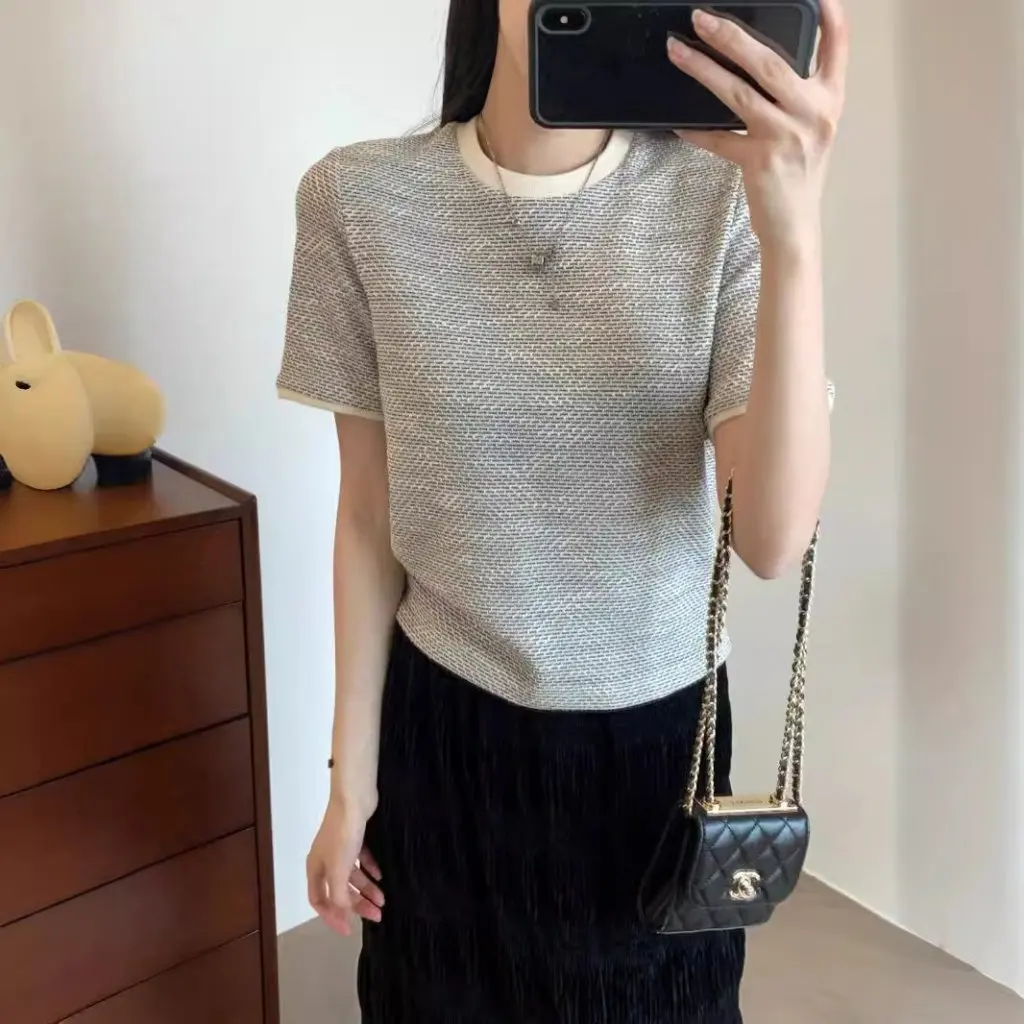

TheWow Spring/Summer Sparkling Color-Block Slimming round Neck Short Sleeve Knitted T-Shirt Chic Urban Style Casual Knitwear