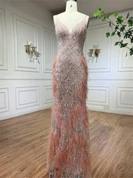 Sexy Feathered Mermaid Evening Dress, Luxury Beaded Formal Dresses, Backless, Spaghetti Straps, Floor-length Party Gown