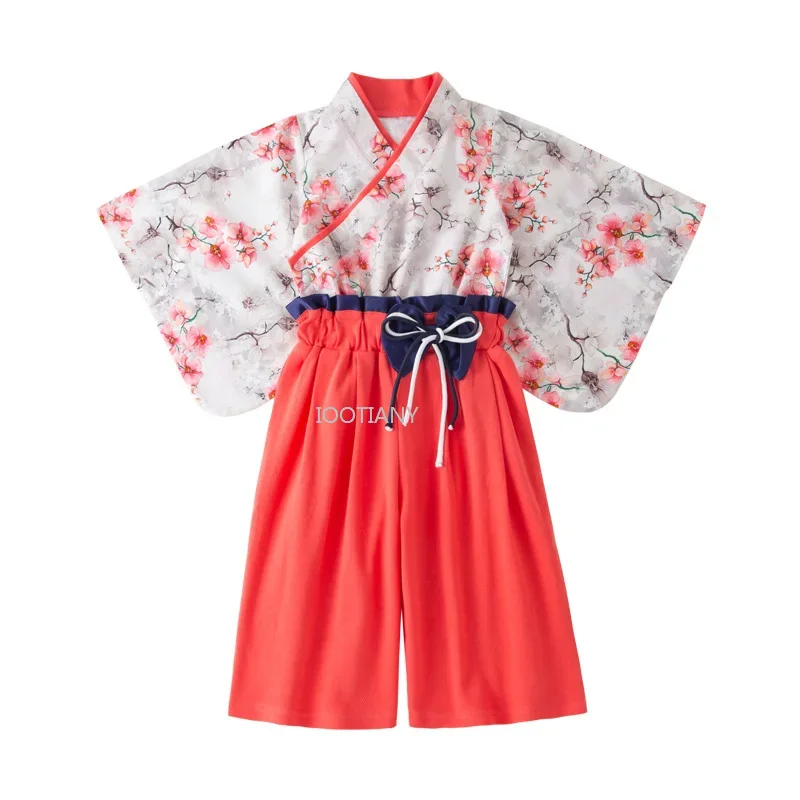 Long Sleeved Cherry Blossomperformance Photography Suit Spring Long Sleeve Floral Print Bow Kimono Set Japanese Children Kimono