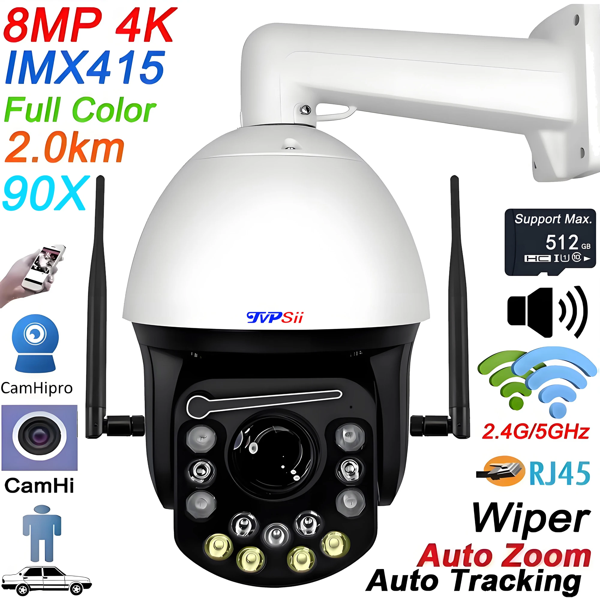 

Wiper Metal CamHi Full Color Cruise Auto Tracking 8MP 4K 90X Optical Zoom 360° ONVIF WIFI PTZ Surveillance Speed Dome IP Camera