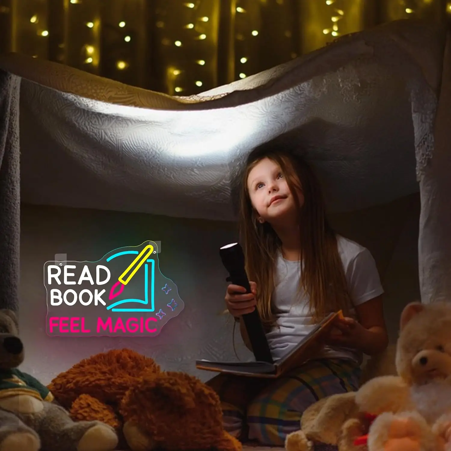 Read Book Feel Magic Neon Sign LED Neon Light Dimmable for Library Classroom Reading Room Bookstore Bookish Wall Decor Kids Gift