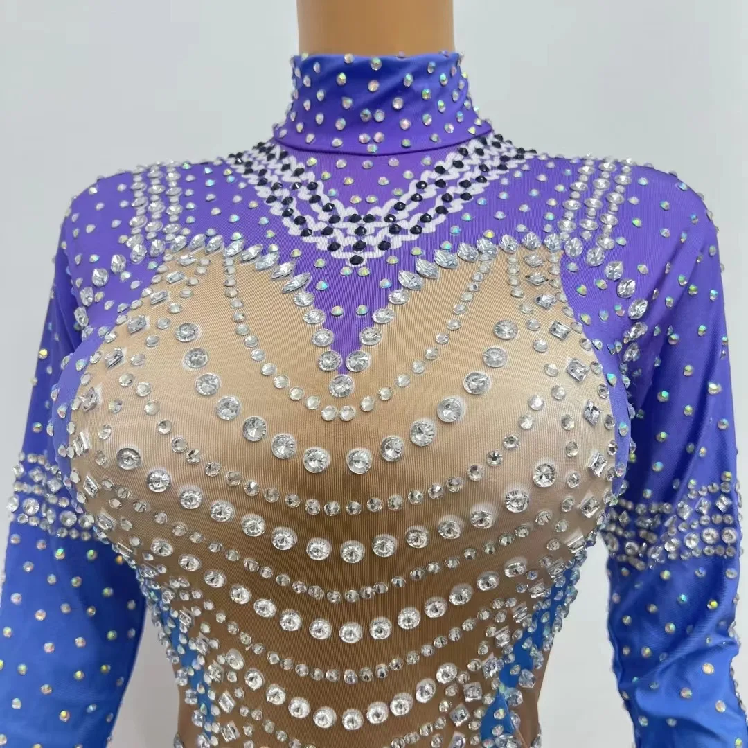 Fashion Design Nude Blue Stretch RhienstonesRompers Birthday Party Bodysuit Women SingelPerformancejumpsuit Costume wanxia  C128