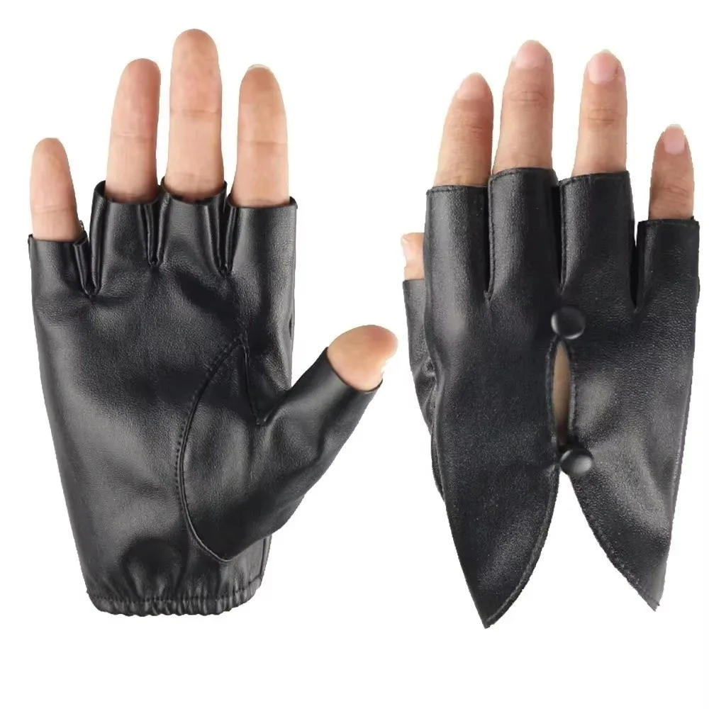 PU Leather Half-Finger Gloves Anti-Slip Button Hole Fashion Design Fingerless Gloves Open-Finger Design Cycling Gloves