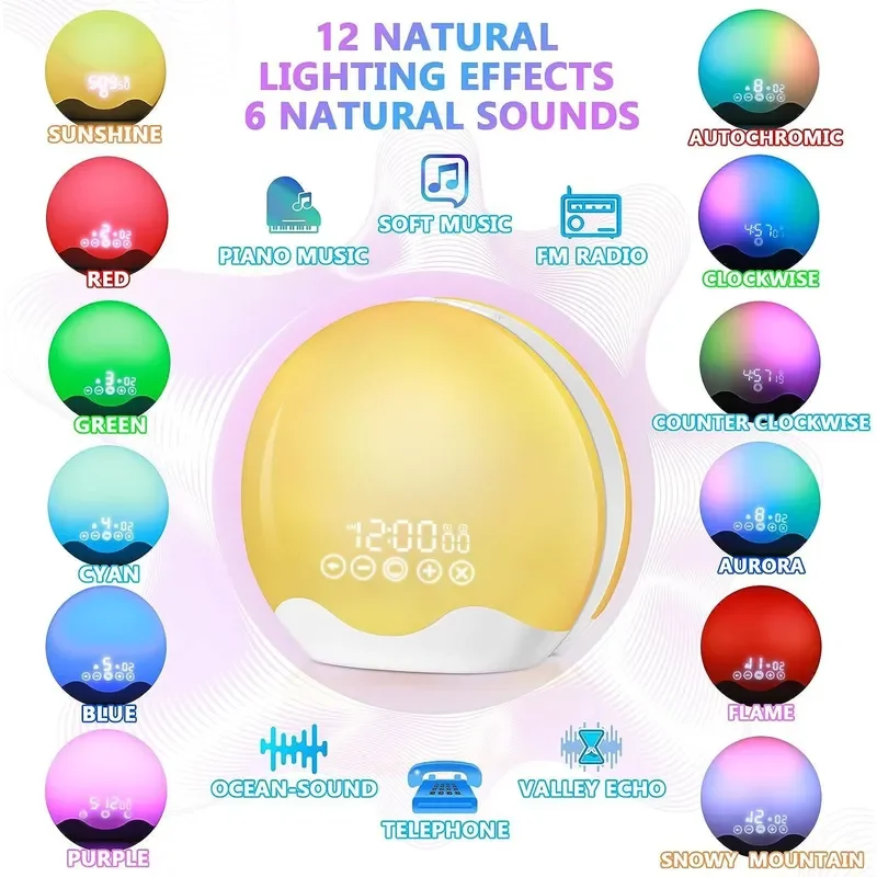 LED Sunrise Alarm Clock Double Sided Luminous Wake Up Light Colorful Bedside Lamp Electronic Night Light for Bedroom Decor