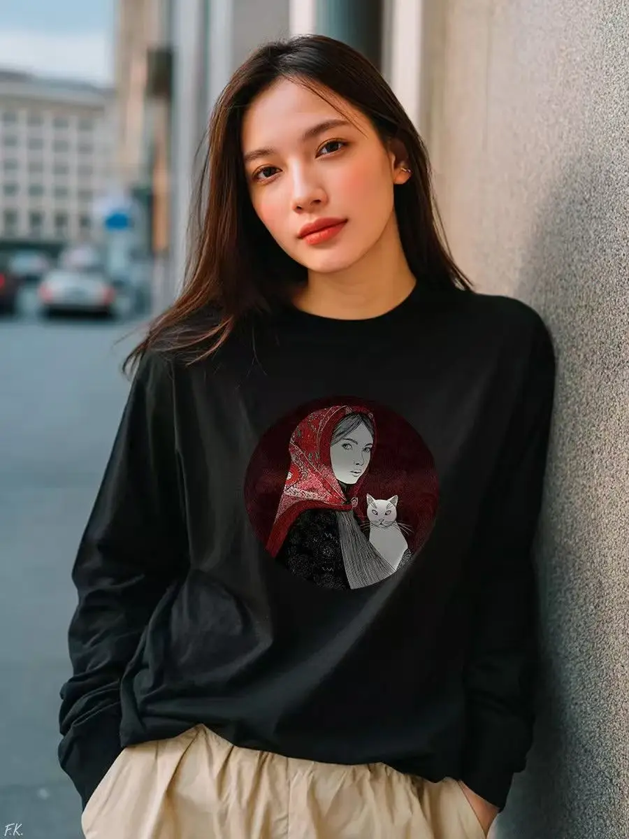 Russian Babushka Scarf Print Cat Cartoon Pattern Cartoon T Shirt Women Sweatshirt Long Sleeve O-neck Spring 2026 100% Cotton Top