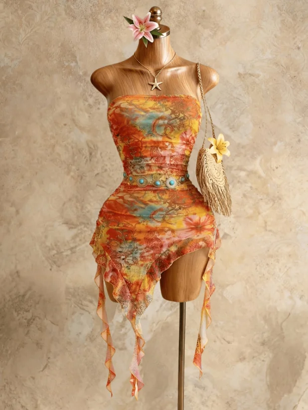 Neue Sommer Sexy Kleider für Frauen Ärmelloses Trägerloses Damenkleid Asymmetrisches Print-Kleid Damen Vestidos De Verano Mujer – Detail 5