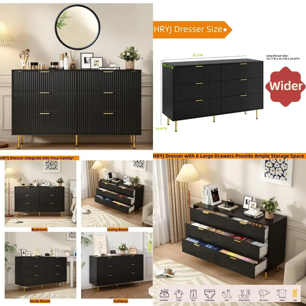 خزانة عريضة حديثة ذات 6 أدراج لغرفة النوم، منظم تخزين خشبي بتصميم مخدد