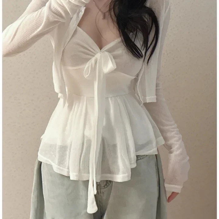 2 pezzi set autunno primavera 2026 volant francese stile chic scollo a V canotta + cardigan a maniche lunghe camicetta allentata capispalla femminile (hg7280