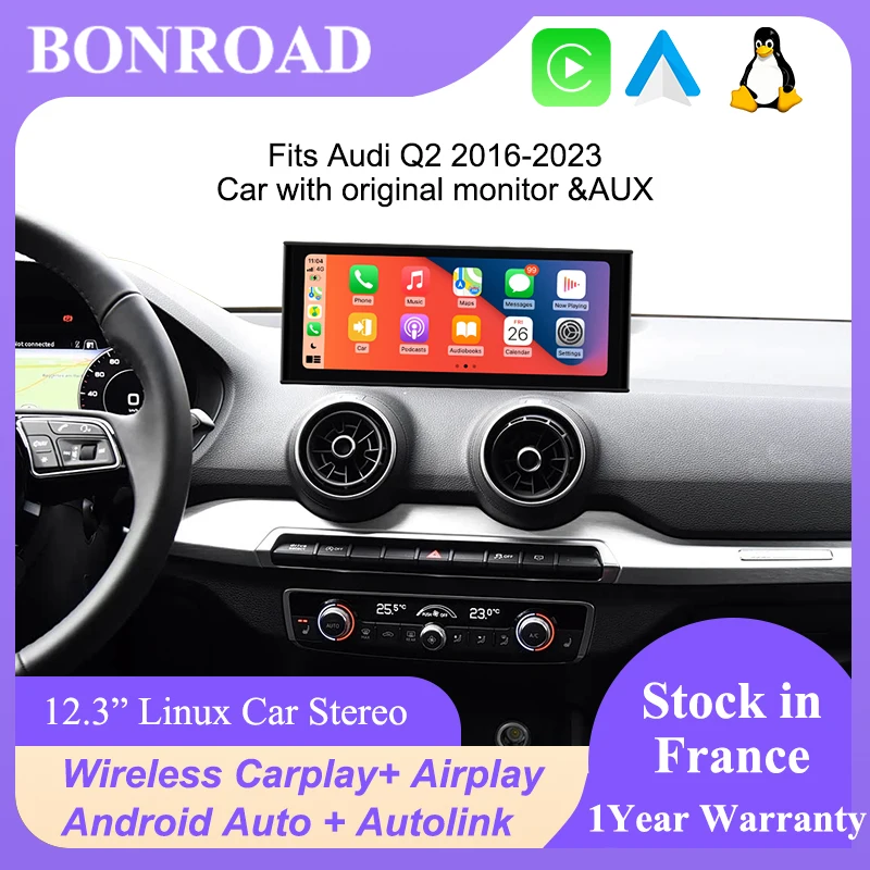 Bonroad 12.3 "Linux Android Auto Radio Wireles CarPlay pour Audi Q2 2016-2023 lecteur multimédia de voiture Autolink Airplay écran tactile