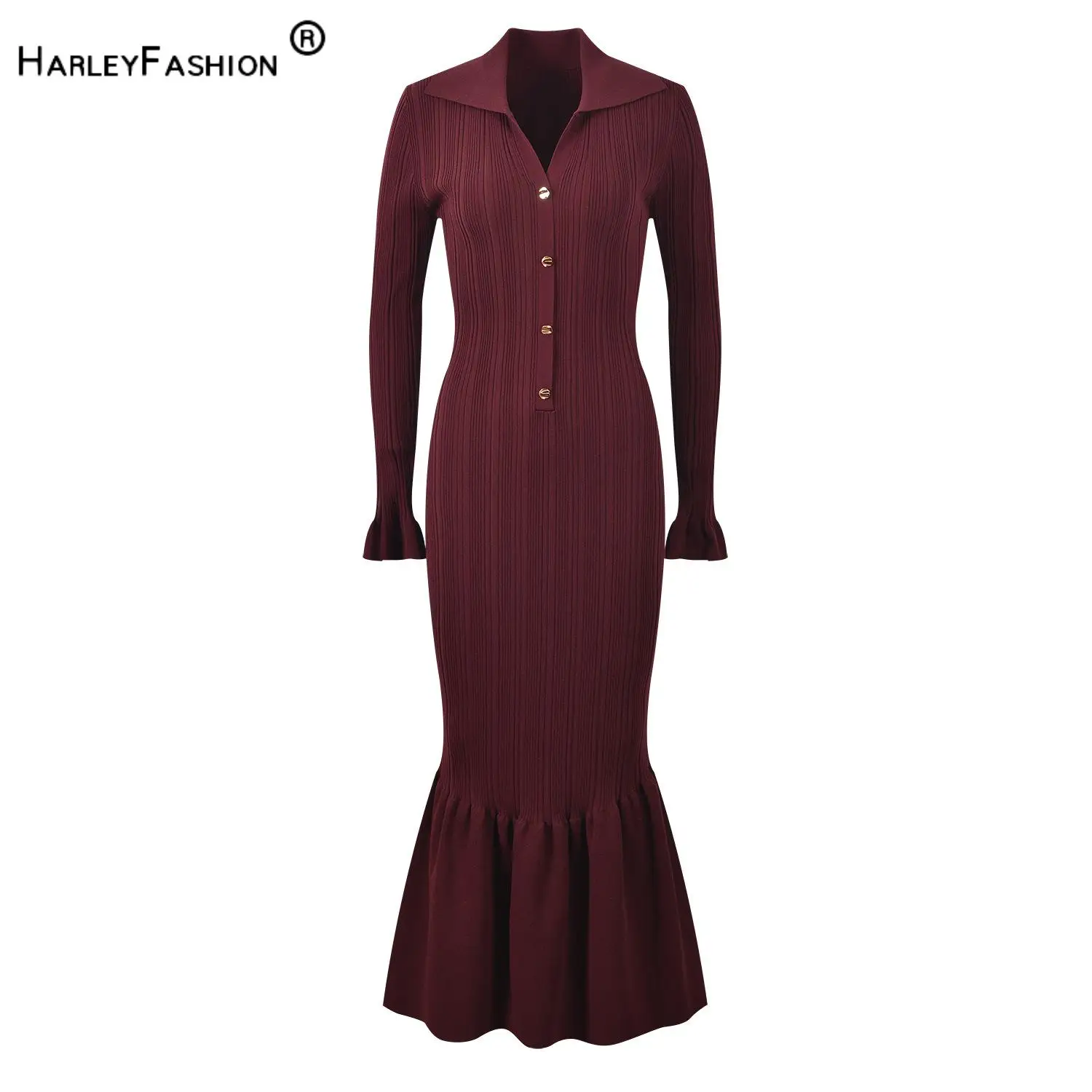 Lady Elegant French Style Solid Turn-down Collar Long Sleeve Women Knit Slim Fitted Flared Hem Maxi Dress