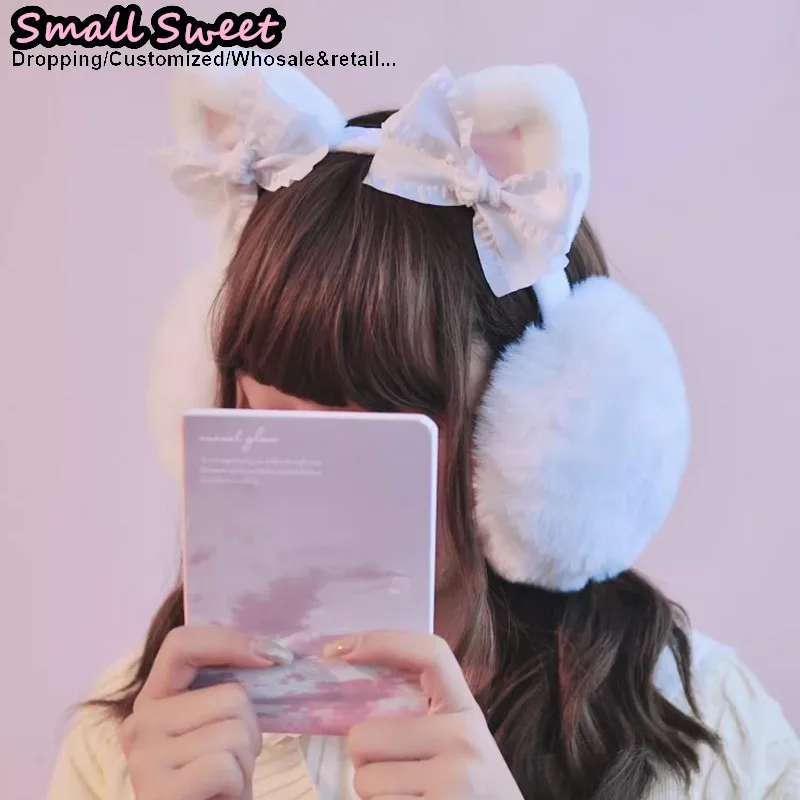 겨울 고딕 펑크 수제 귀여운 리본 다크 따뜻한 고양이 귀 리본 플러시 서브컬쳐 Y2K 소녀 보호 귀마개 액세서리