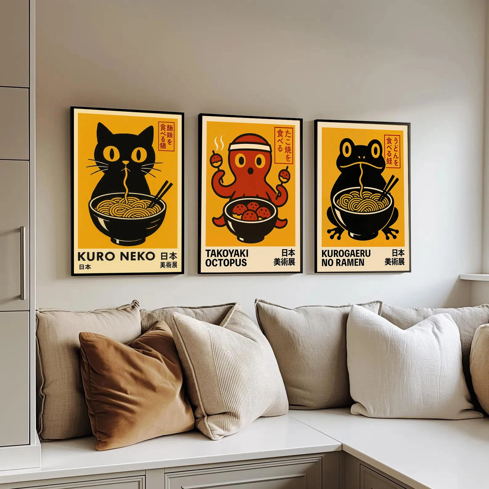 Image of 3 Stück Kuro Neko Leinwand Wandmalerei Druck Poster Japanische Ramen Dekoration Wandbild Moderne Home Room Decor Geburtstagsgeschenk Ungerahmt