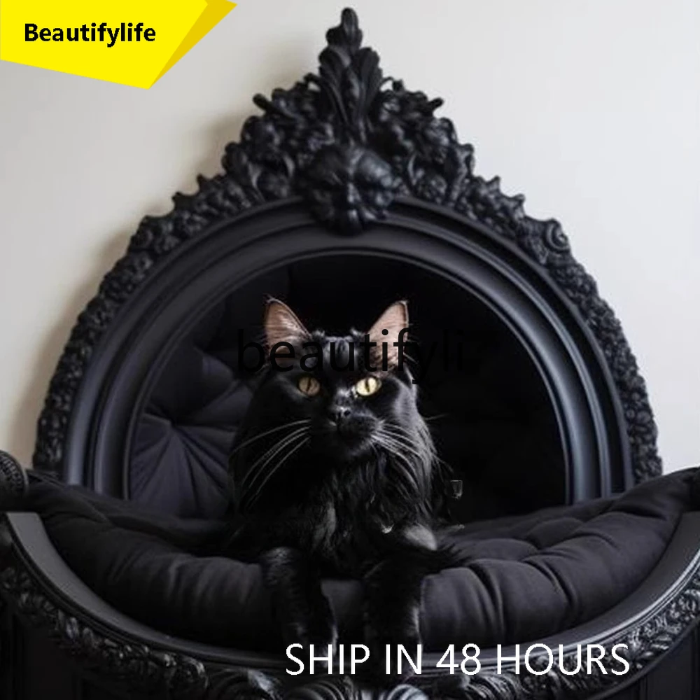 

6239 Dark Style Cat House Dog House Indoor Solid Wood Carved Cat Bed Dog Bed Pet Furniture