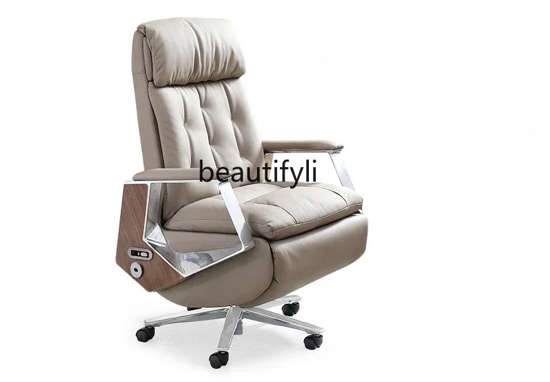 Genuine Leather Executive Chair Office Light Luxury Reclining Office Chair Seat Electric Long Sitting Massage Computer Chair