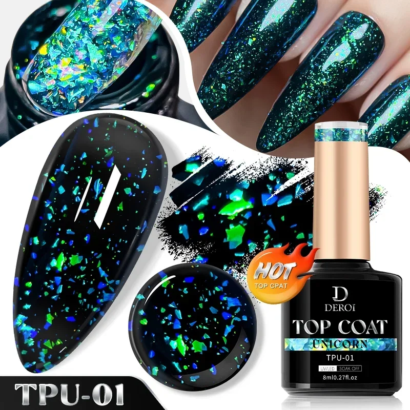 DEROI 8ml No Wipe White Dot Top Coat Glitter Flash Top Coat per Nail Art Aurora Flake Lucido Toppcoat Sigillo Gel UV Polish Manicure
