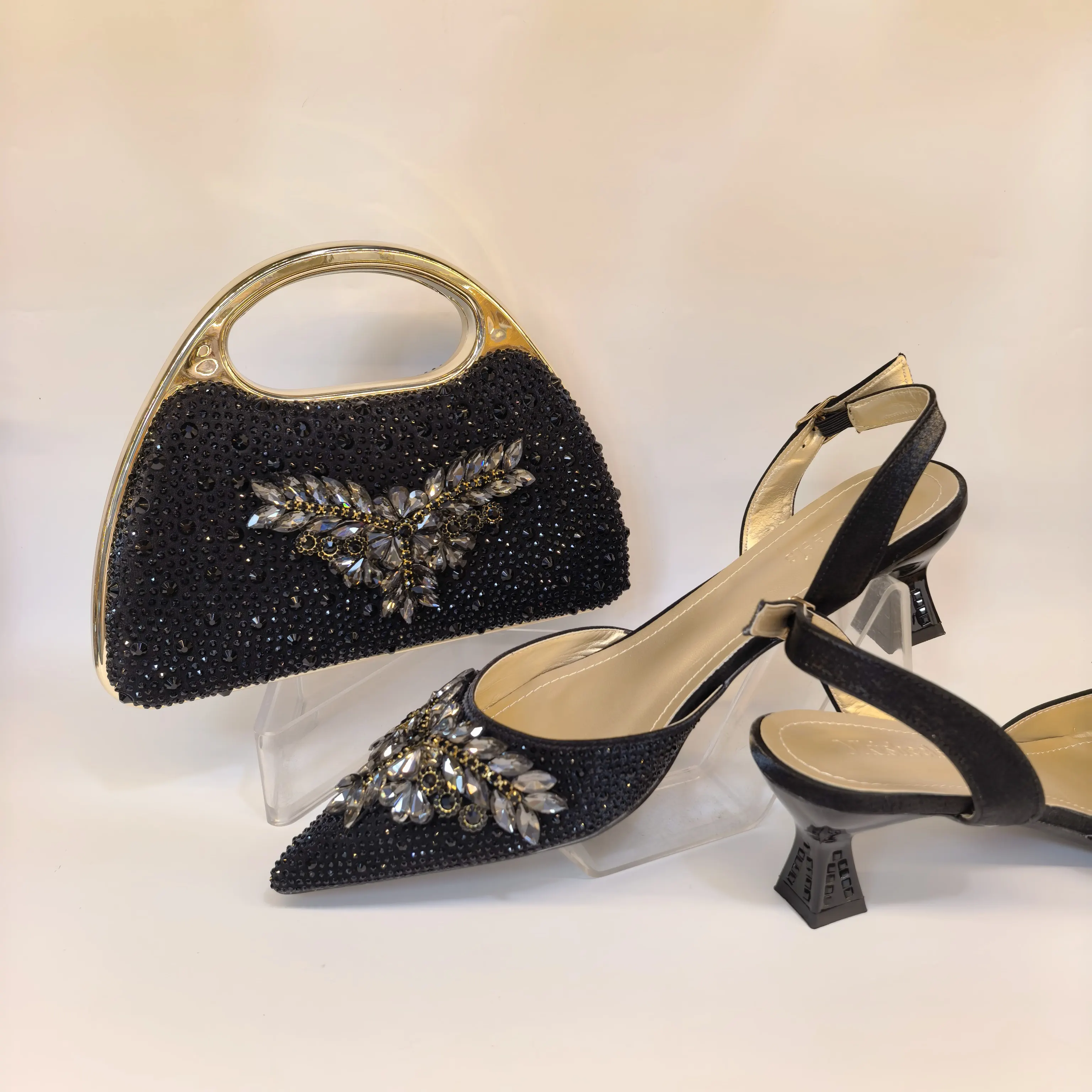 Fashion Elegant Woman Rhinestones Sandals and Bag Set for Party in Women Nigerian Popular High Heel Rhinestone Shoes F6-805-1