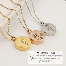 Custom Stainless Steel Round Necklac Cremation Jewelry For Ashes Personalized Birth Flower Name Urn Necklaces Memorial Jewelry