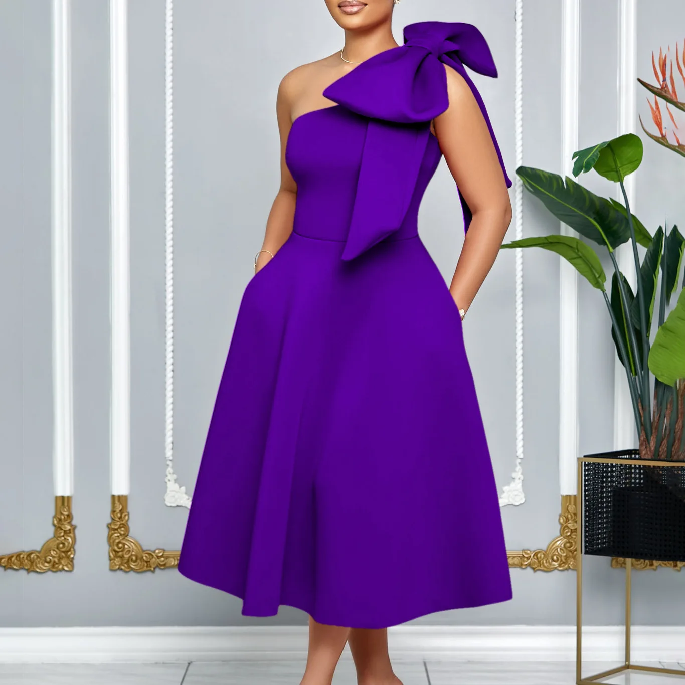 플러스 사이즈 여성용 패셔너블한 여름 드레스, 어깨 리본 디테일과 넓은 스커트로 파티 및 이벤트에 적합