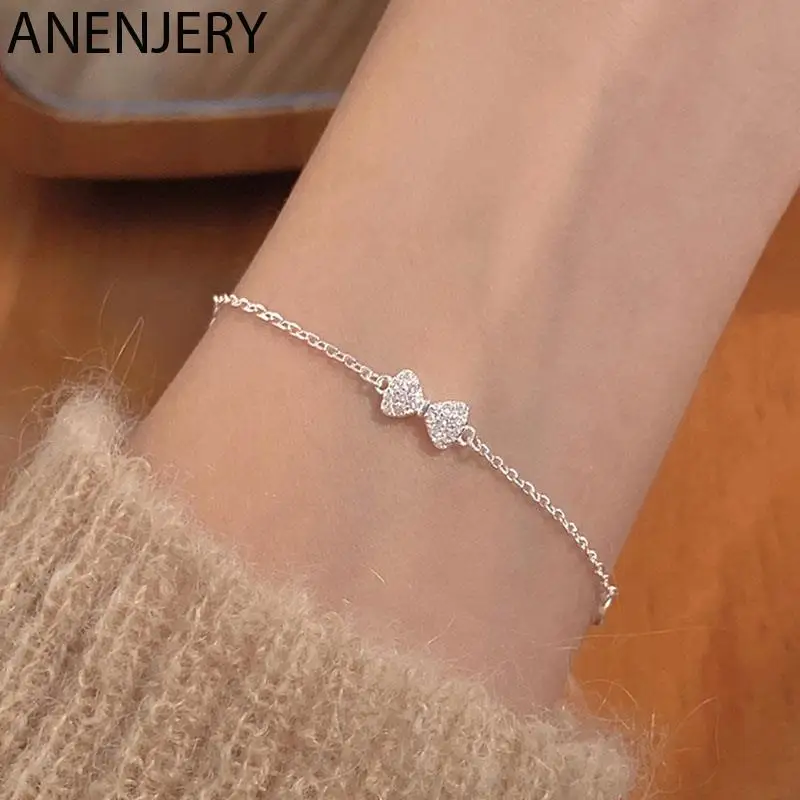 ANENJERY Silver Color Micro Zircon Bow Bracelet For Women Korean Ins Sweet Jewelry Girl Gift