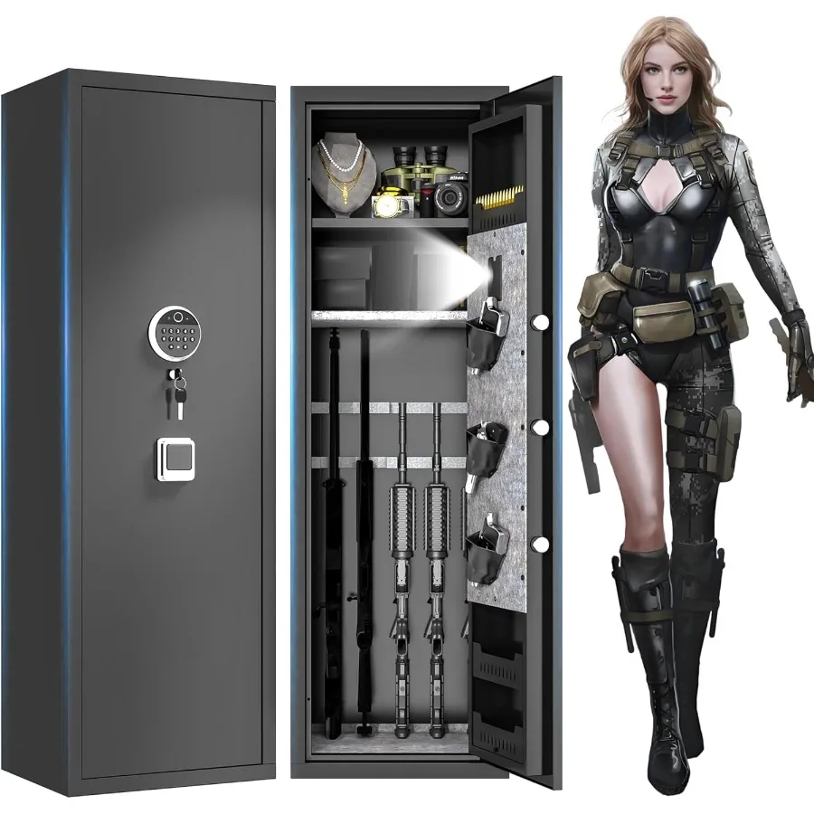 

5 Gun Safe with 3 Pistol Pouches for Quick Access Biometric Lock Tall HeavyDuty Cabinet for Home Storage of Rifles Pistols and
