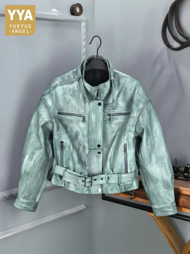 

Personality Women Genuine Leather Jacket Stand Collar Punk Real Sheepskin Motorcycle Short Coat Spring New Streetwear Outerwear
