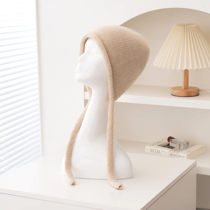 

100% кашемировая однотонная утолщенная защитная шапка для ушей для женщин, зимняя теплая вязаная пуловерная шапка на шнуровке, шерстяная кепка на шнуровке