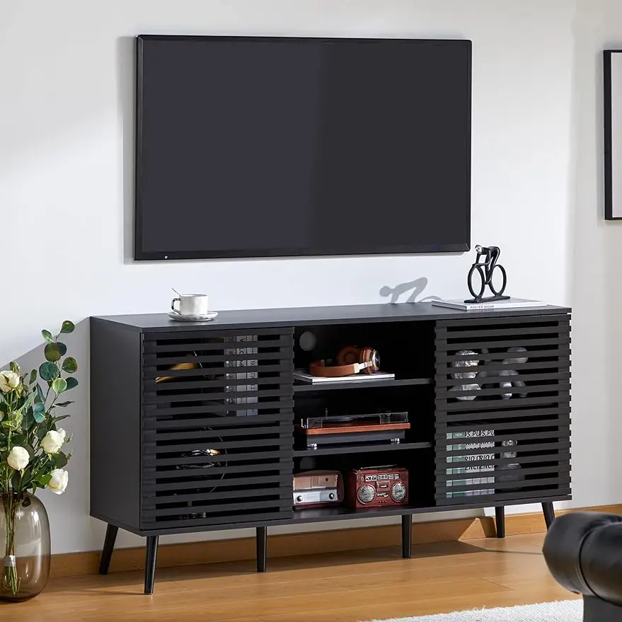 

55" TV Stand for TVs up to 60 Inch,Mid-Century Modern TV Cabinet Entertainment Center with Storage Shelves &2 Hollowed-Out Doors