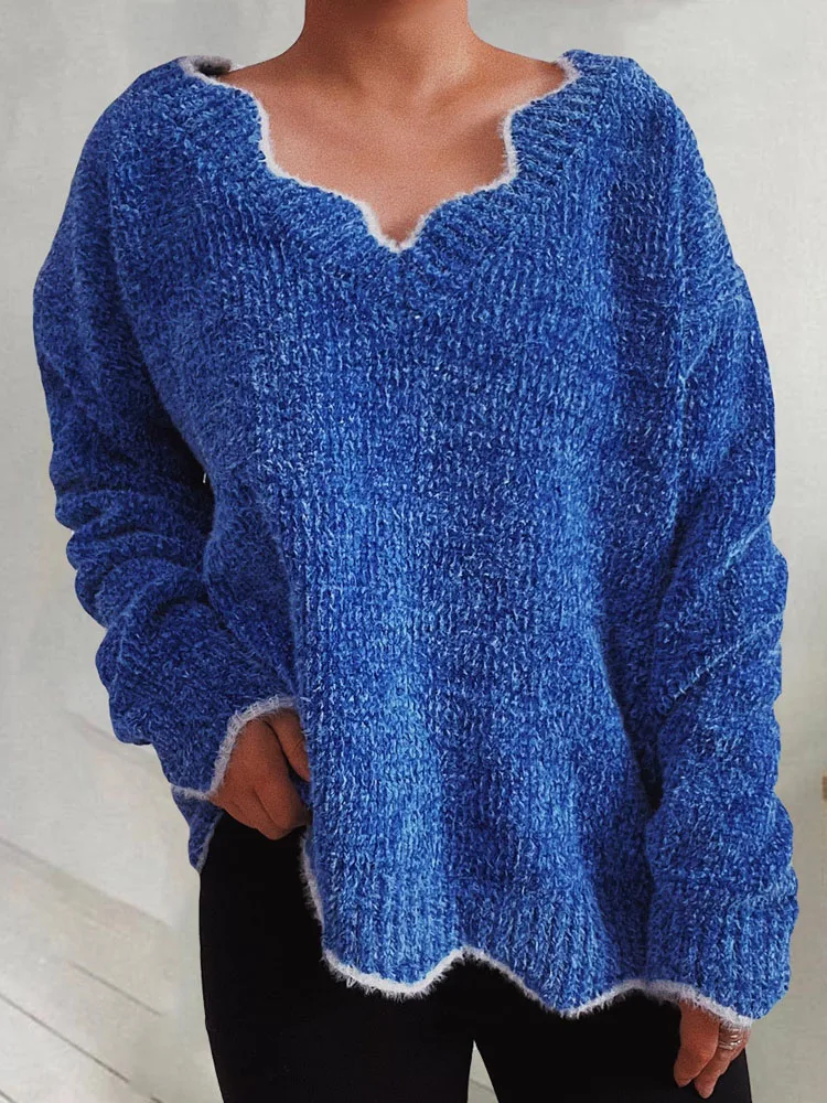 

Осень-зима, повседневный свободный пуловер, джемпер, женский сексуальный волнистый вязаный топ с v-образным вырезом и длинными рукавами, элегантный утолщенный теплый однотонный свитер