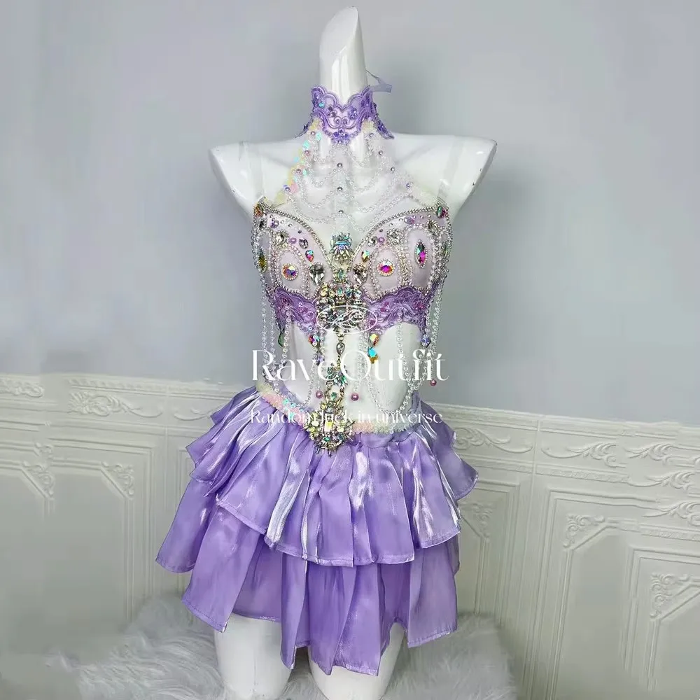 

Фиолетовый кристалл бикини мини-юбка комплект для женщин сексуальная танцевальная команда сценическая одежда ночной клуб DJ костюм день рождения шоу наряд