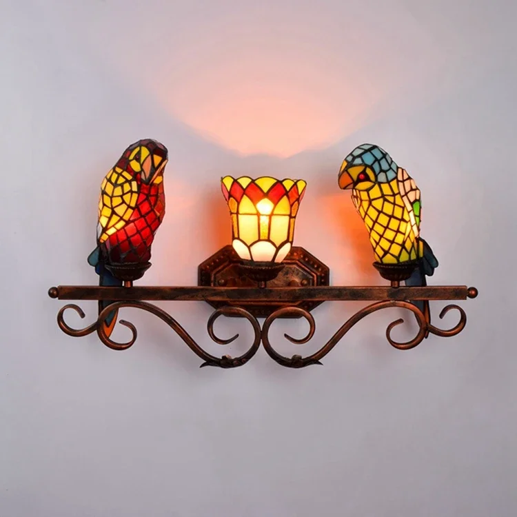 Retro Creative Classic Parrot Tiffany Stained Glass Wall Lamp for Bathroom or Dining or Bedroom Three Head Vanity Light Fixtures