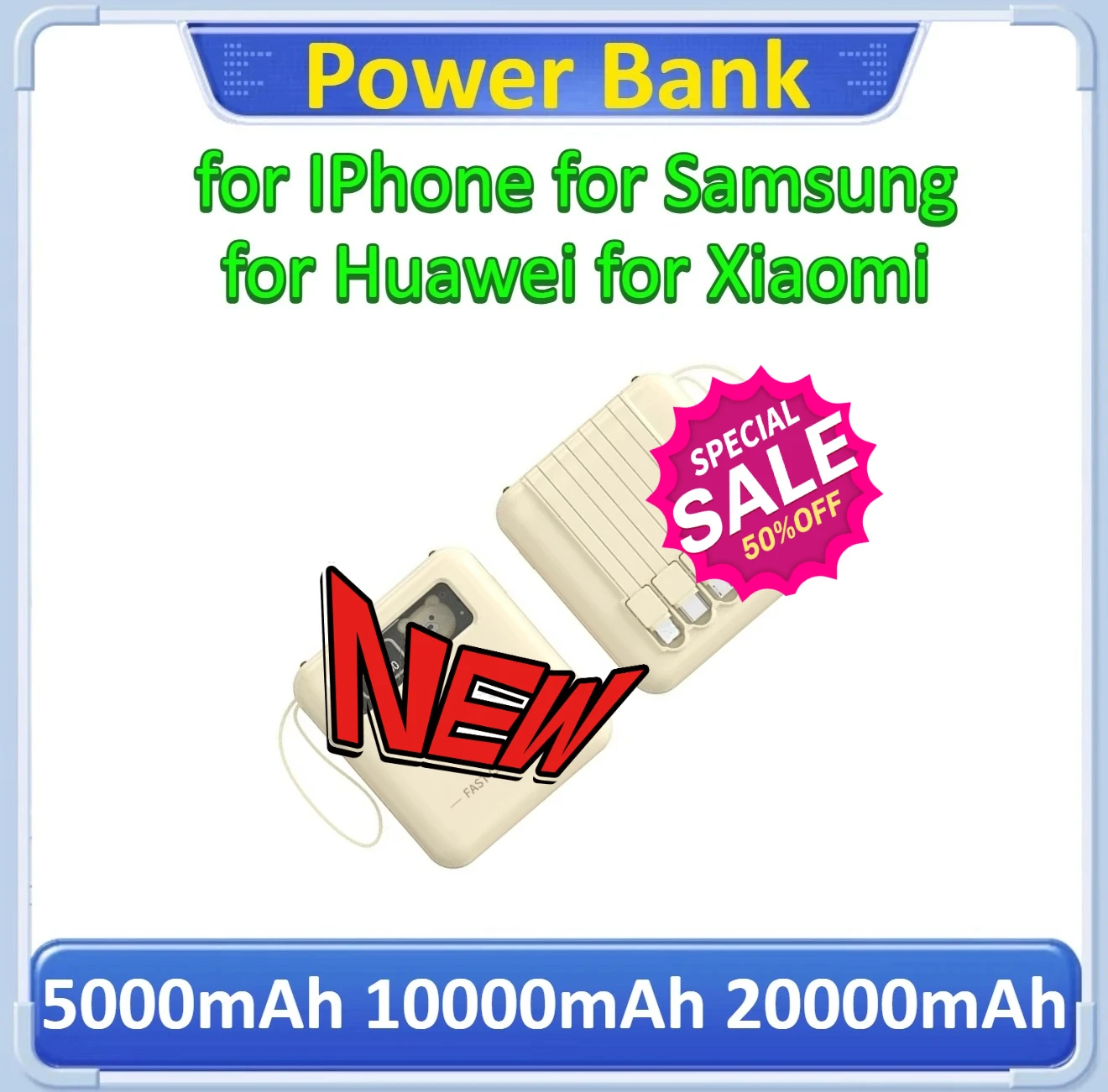 

CCC Certified Model with Cable Mini Cartoon Large Capacity Mobile Power Bank Suitable For IPhone For Samsung 5000/10000/20000mAh