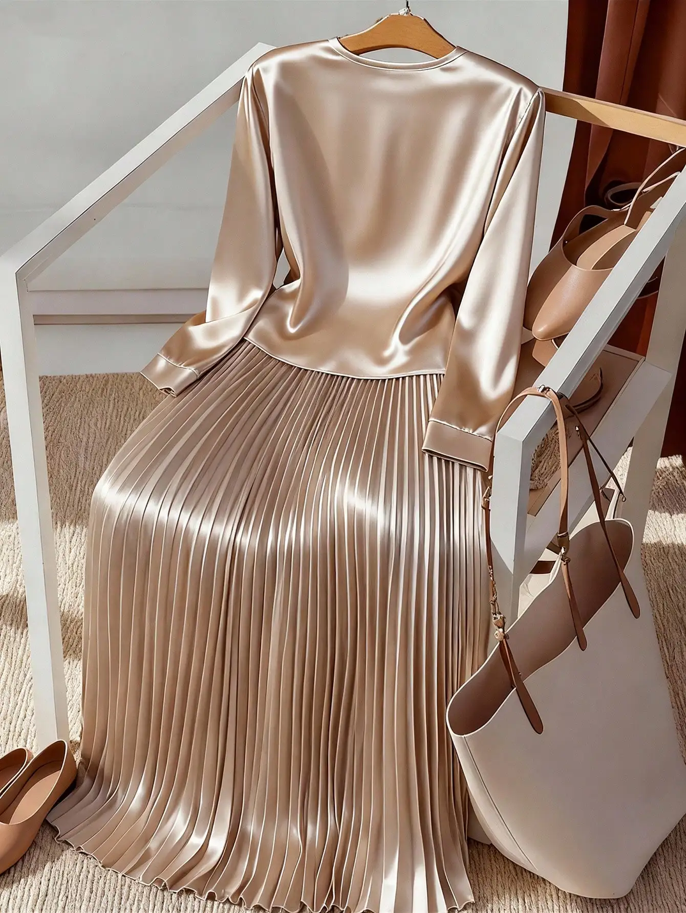 

Elegant Satin Pleated Maxi Dress with Long Sleeves and Cuff Detail