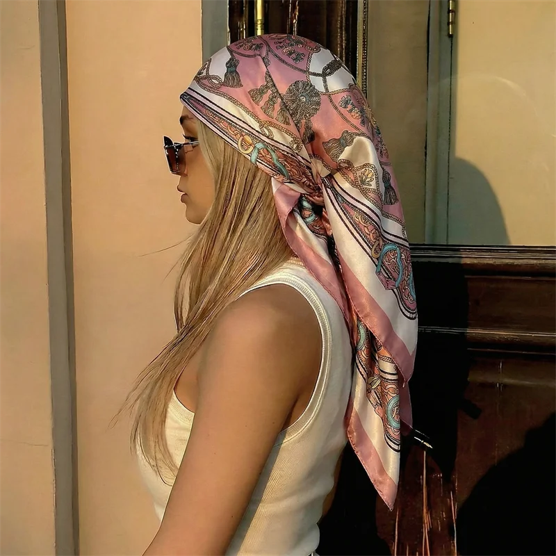 

2026 Luxury Brand Square Scarf Design Shawl Wrap 90cm Print Twill Silk Women Hijab Female Foulard Headband Bandana