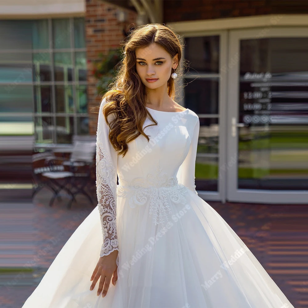 Suknie ślubne damskie w stylu romantycznym A-line z długim rękawem, skromne, długość do podłogi, na bankiet, Vestidos Para Mujer, możliwość personalizacji, 2026