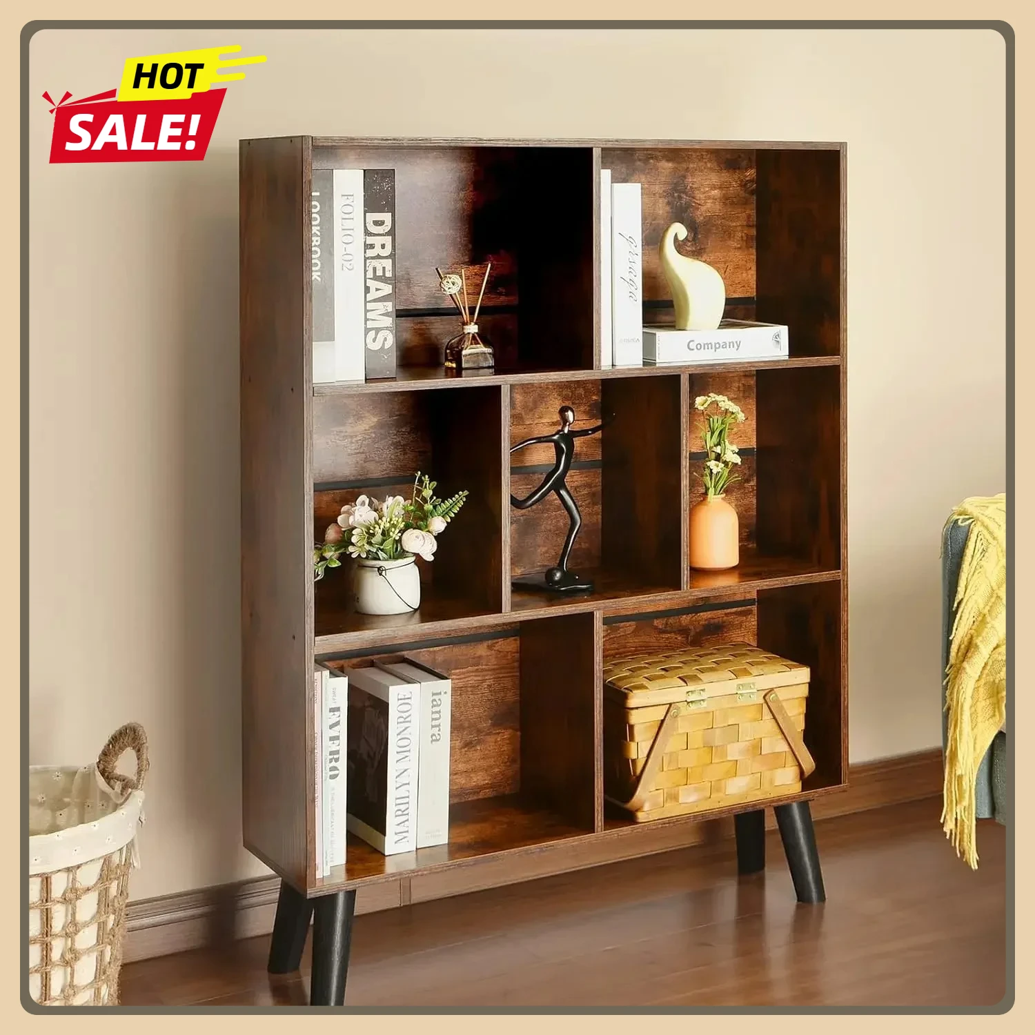 

Cube Bookshelf 3 Tier Mid-Century Rustic Brown Modern Bookcase with Legs, Retro Wood Bookshelves Storage Organizer Shelf