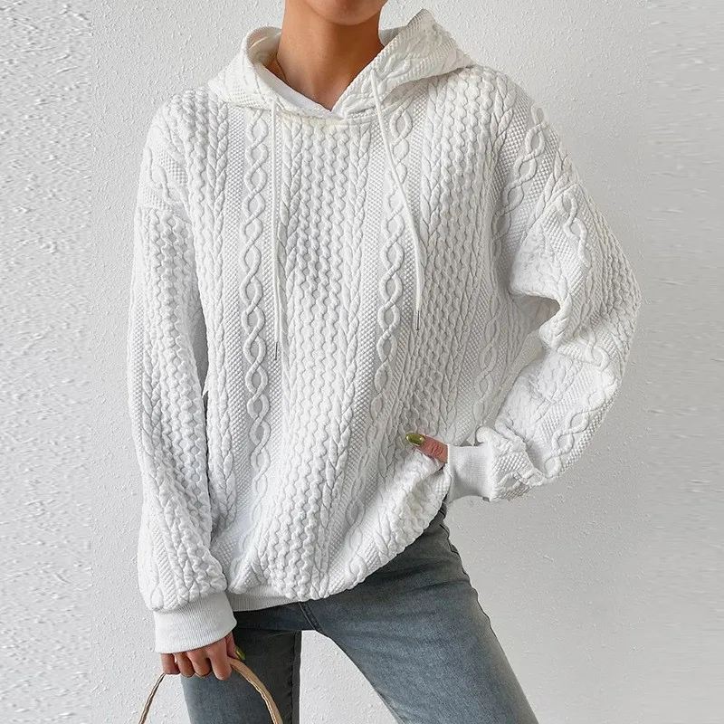 Women's Oversized Medium Weight Long Sleeve Solid Color Hoodie with Drawstring Casual Mid-Length Jacquard Women's Sweatshirt