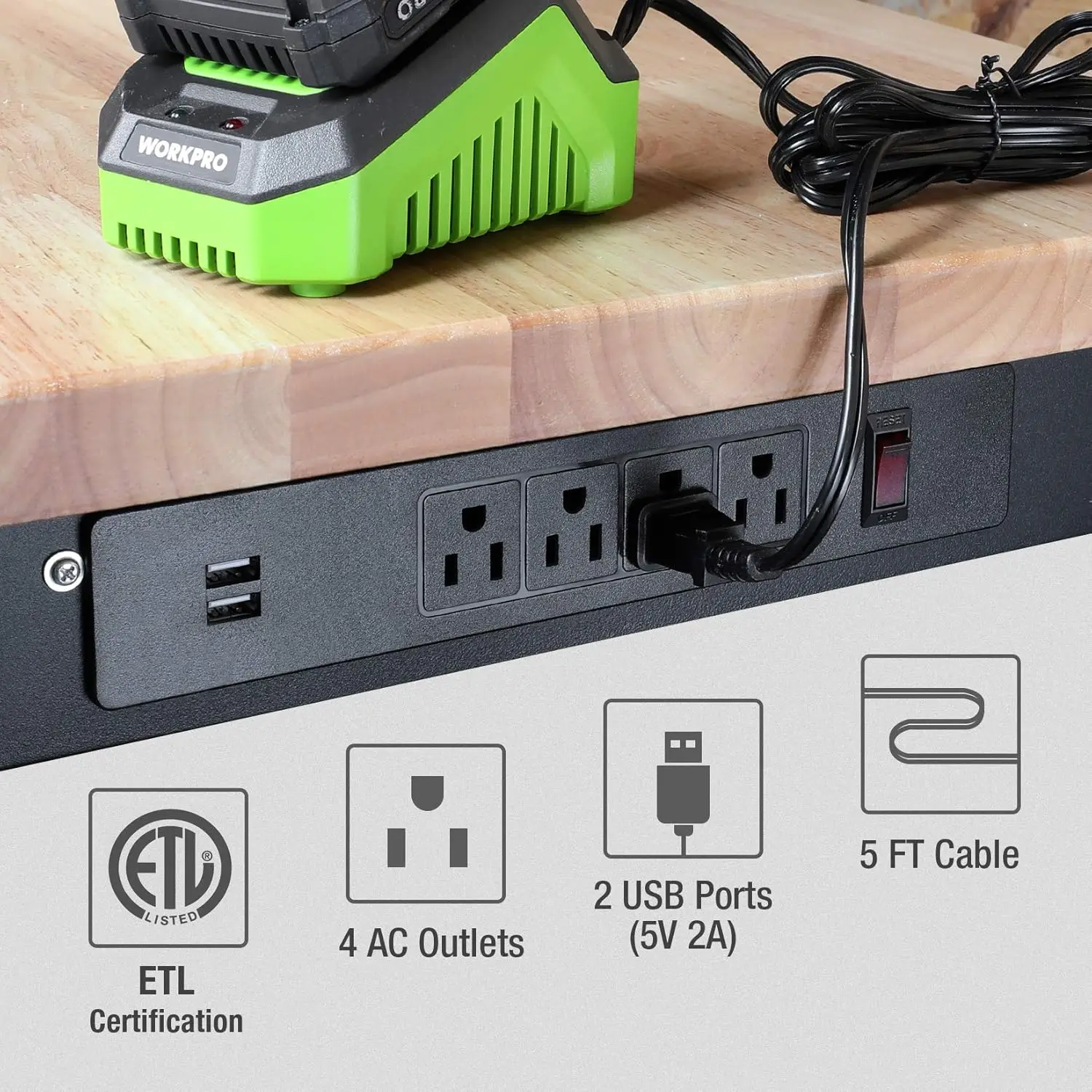 Établi réglable avec dessus en bois de caoutchouc, table de travail en bois dur, capacité de charge de 2000 lb, 60 po