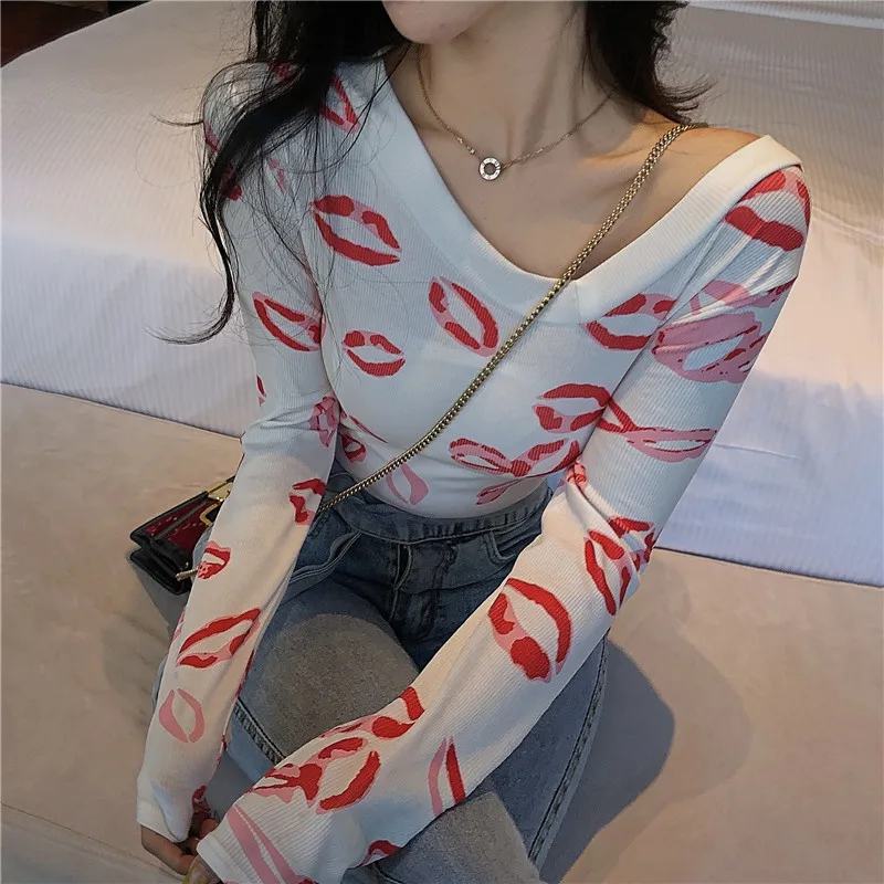 Spring and Autumn Off Shoulder Slimming Sexy Red Lips Printed Bottom Shirt Women's Long Sleeve Fashion T-shirt Top