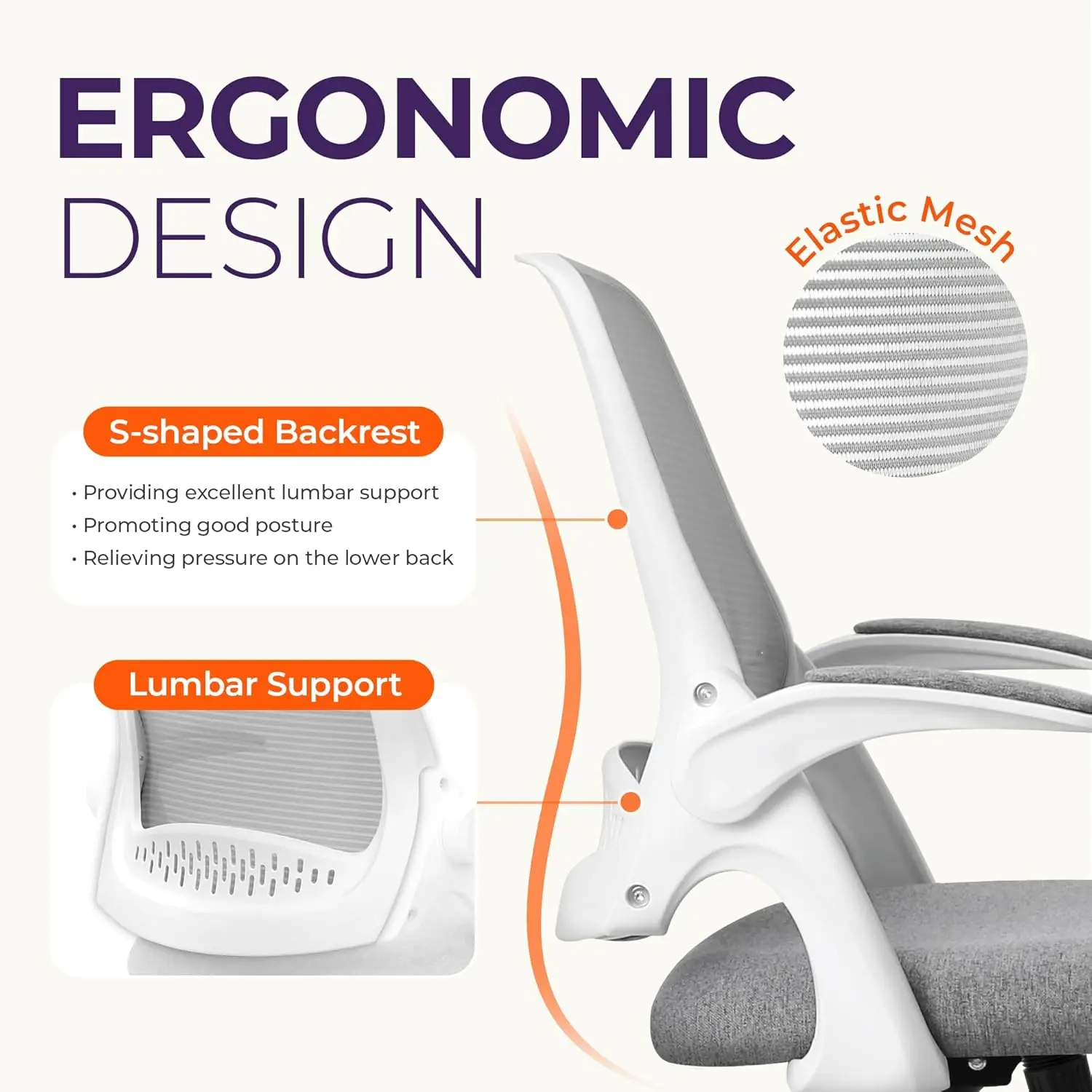 Office Desk Gaming Ergonomic Computer Chair with Lumbar Back Support Adjustable Height Swivel Rolling Wheels Flip-up Arms Mesh C view 3