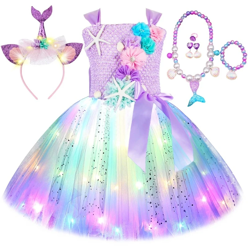 Girls' LED Flashing Mermaid Performance Clothing, Kids' Birthday Beauty Outfit, Fish-Tail Floral Mermaid Princess Tulle Dress