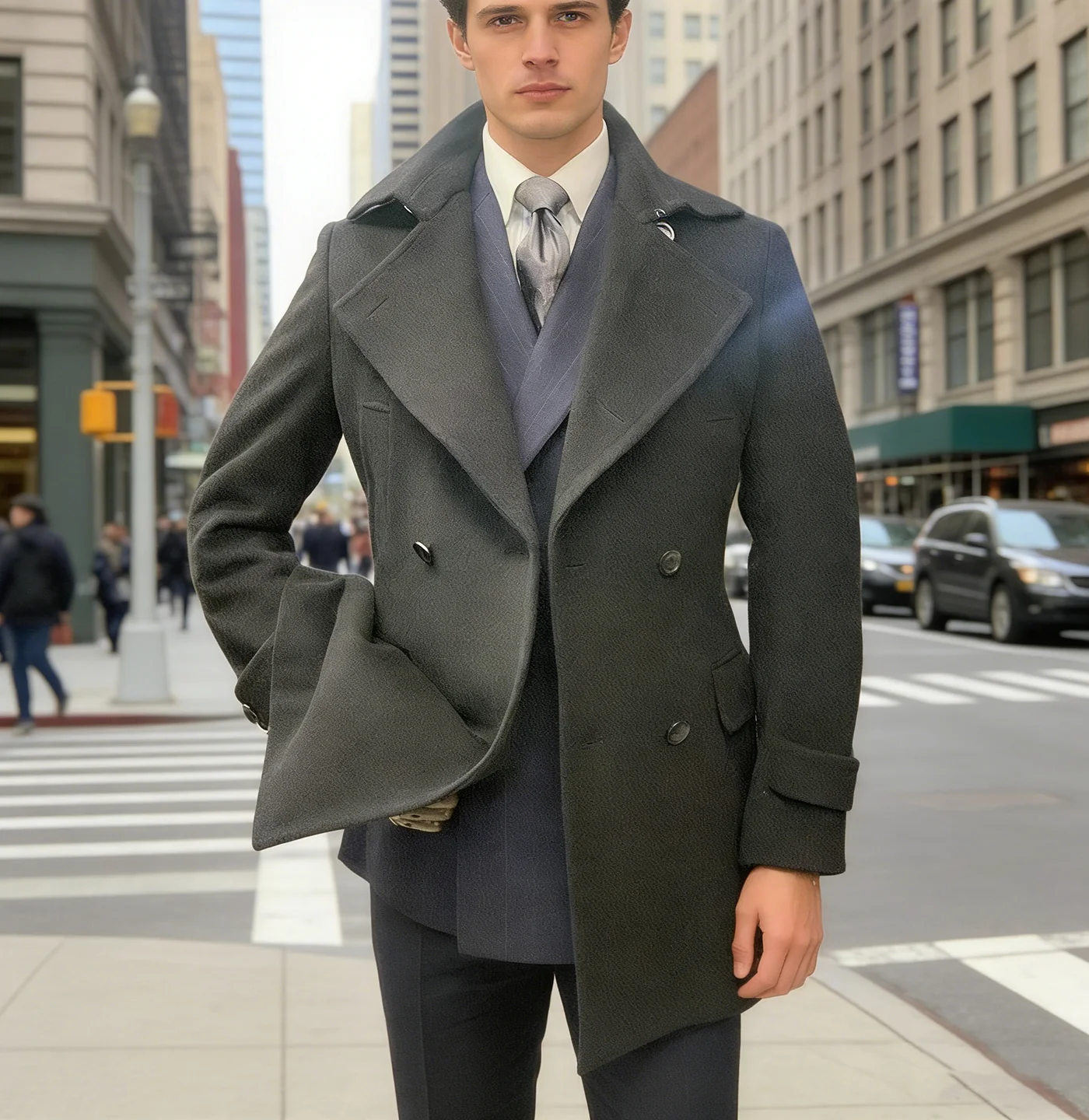 

Vintage Dark Green Short Men's Woolen Suit for Winter Warm Double Breasted Tuxedo Jacket Wide Lapel Business Customized