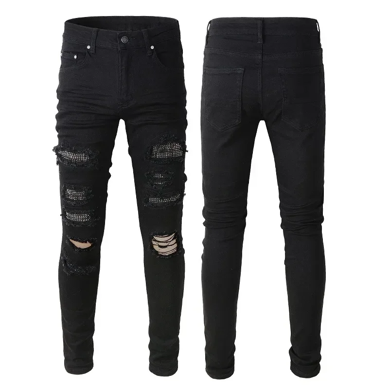 European and American Individuality High Street Fashion Trendy Men Jeans, Ripped Diamond-Studded Slim Fit Elastic Slimming Jeans