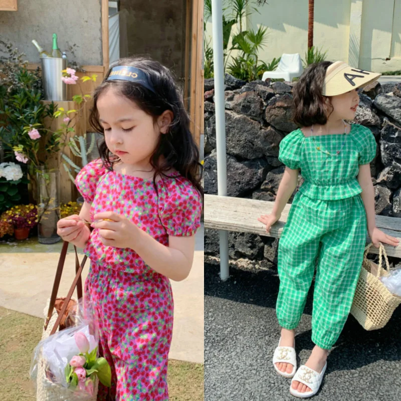 Summer Baby Girls Cotton Plaid Puff Sleeves Floral Pleat Crop Shirt Tops+Loose Pant Set Kids Tracksuit Child 2PCS Outfits 2-8Yrs