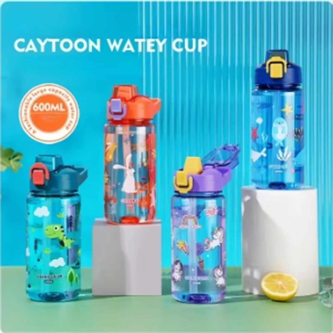 Straw Cup Water Bottle Creative Cartoon Feeding with Straw and Lid Anti spill Portable Beverage Cup