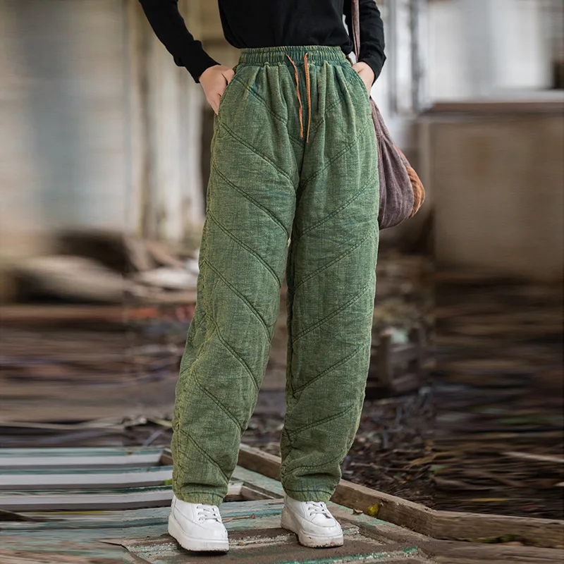 

Winter Ramie-Quilted Pants: Dyed Drawstring Cotton Trousers for Women