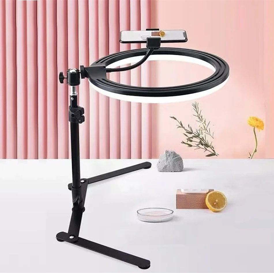 Desktop Adjustable Phone Holder Bracket with 26cm/10''Ring LED Selfie Lighting Lamp for Photographic Video Photo Beauty Makeup
