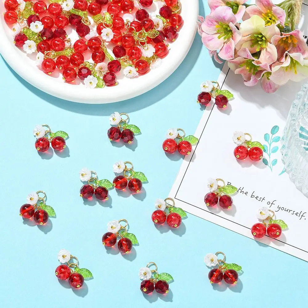 45pcs Cherry Fruit Red Glass Charms White Flower Green Leaf Pendants for DIY Bracelet Necklace Earring Jewelry Making Supplies