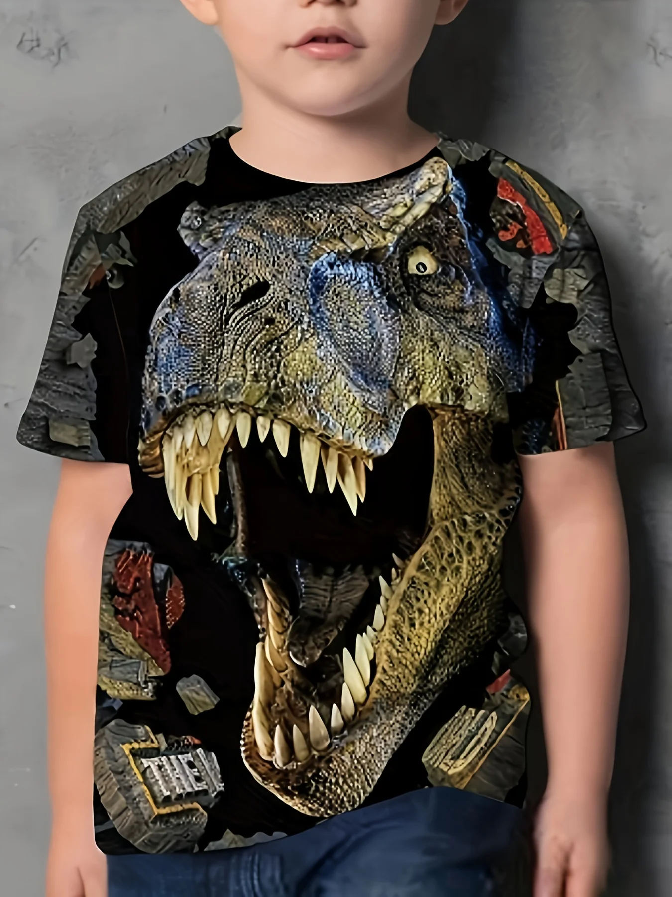 Realistic T-Rex Print Boys T-Shirt, 3D Dinosaur Head Black Background Crew Neck Short Sleeve Top
